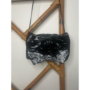 Susan Farber Patent Black Leather Bow Clutch Purse